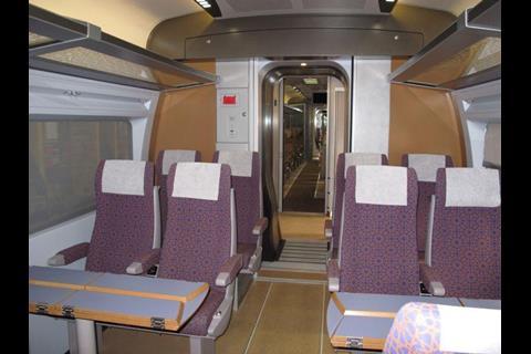 Standard class seats on a Talgo trainset for the Haramain High Speed Rail project (Photo: SRO).